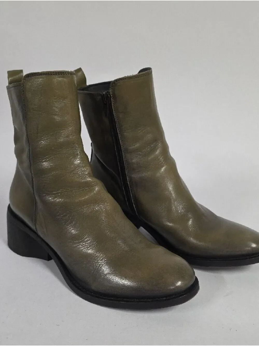 Moma Women’s Italian Leather Agnes Olive Ankle Boots - Side Zipper, Size 9 - 9.5